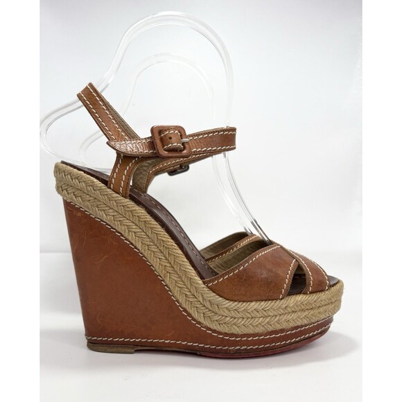 Christian Louboutin Brown Leather Almeria 120 Espadrille Wedge Sandals Sz 35 5 - Picture 1 of 10